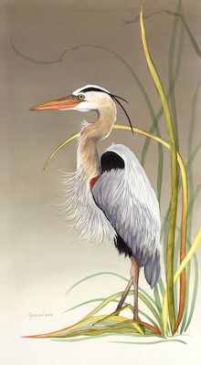 a painting of a bird standing on top of tall grass next to water and reeds