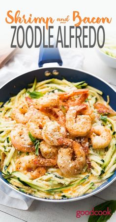 shrimp and bacon zoodle alfredo in a skillet