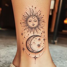 Ankle Tattoos For Women Tattoo Art Pack Back Ankle Tattoo, Tattoos For Your Mom, Cool Space Tattoos, Back Of Ankle Tattoo, Anklet Tattoos For Women, Vibrant Tattoos, Bohemian Tattoo, Space Tattoos, Moon Sun Tattoo