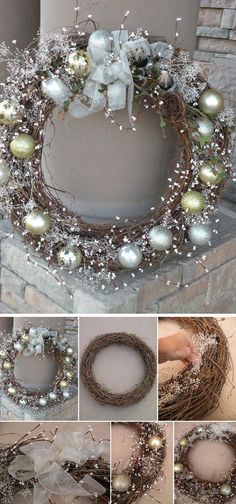 the steps to make a christmas wreath out of twigs and balls are shown in several different ways