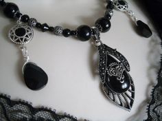 Gothic Victorian Necklace gothic jewelry victorian by Sheekydoodle Gothic Filigree Pendant Jewelry, Handmade Gothic Antique Silver Necklace, Adjustable Gothic Necklace For Formal Occasion, Gothic Filigree Necklaces For Gifts, Gothic Black Necklace With Black Beads, Adjustable Gothic Antique Silver Necklace, Gothic Black Beaded Necklace, Gothic Black Necklace For Evening, Black Gothic Necklace For Evening