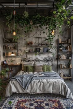 a bedroom with plants growing on the wall above the bed, and an area rug in front of it