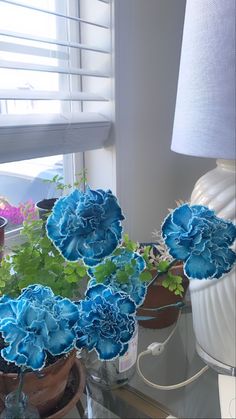 three blue flowers are sitting on a table next to a lamp and potted plants