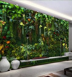 a living room filled with lots of green plants and greenery on the wall next to a couch