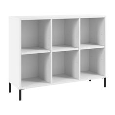 a white bookcase with four shelves on the bottom and two black legs, against a white background