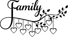 the word family with hearts hanging from it's branches and some leaves on top