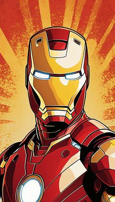 an iron man poster is shown in red and yellow colors, with the sun shining behind it