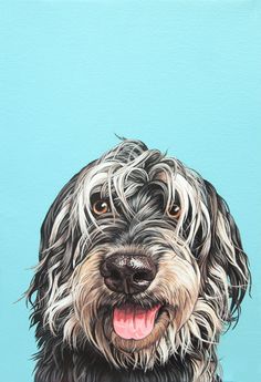 a painting of a black and white dog with his tongue out on a blue background