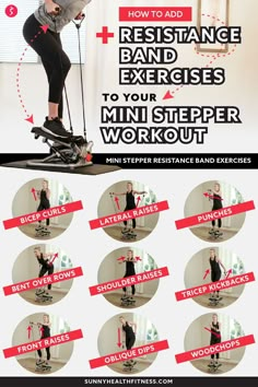 a woman is doing an exercise on a stationary rowing machine with the text how to add resistance band exercises to your mini steppe workout