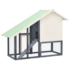 a chicken coop with a green roof and stairs to the top, in front of a white background