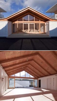 the inside and outside of a house made out of shipping containers is shown in two different views