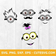 three minion faces with different eyes and mustaches on white wood planked background