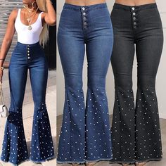 F00052250-305 Denim Patterns, Bell Bottom Pants, Trouser Style, Wide Leg Denim, Casual Denim, Trouser Pants, Outfits Casuales, Casual Jeans, Flare Pants