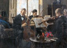 three men playing instruments in a living room