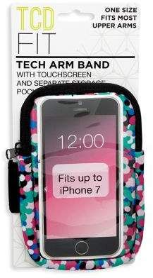 an iphone case that is in front of a card and it has the text tech arm band on it