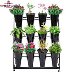 Description This is a flower display stand with 12 flower buckets that can hold many different flowers in different categories. Whether for home or commercial use, it can meet your needs very well. The trapezoidal open design allows for a better display of flowers and helps you attract more customers. Key Features Great Durability: This flower stand is made of hard and sturdy iron. The baking paint on the surface also makes it more wear-resistant and anti-corrosive. So it is strong enough to be Flower Display Stand, Shelf Flower, Plant Stand With Wheels, Stand Shelf, Vase Display, Plant Display, Metal Plant Stand, Outdoor Living Decor, Flower Bucket