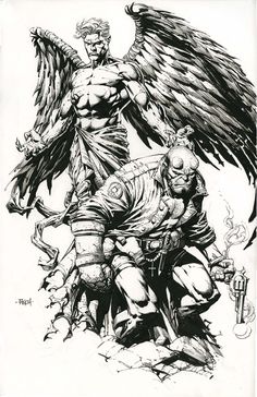 a black and white drawing of two men with large wings on their shoulders, one man holding