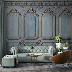 an elegant living room with blue walls and gold trimmings, including a tufted couch