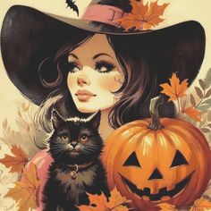 a woman wearing a witches hat and holding a black cat in front of pumpkins