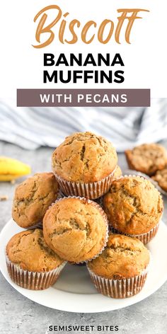 banana muffins with pecans on a white plate and bananas in the background