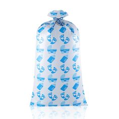 a white bag with blue designs on it