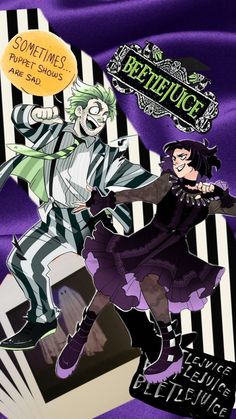 an image of two people dressed up as beetlejuice and jack skellingon