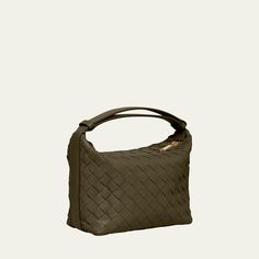 Bottega Veneta "Wallace" mini shoulder bag in  intrecciato  leather Adjustable shoulder strap Zip top closure  Feet protect bottom of bag Approx. 3.7"H x 9.1"W x 1.2"D Made in Italy Travel Size Perfume, Mini Shoulder Bag, Cleanser And Toner, The Bag, Green Bag, Beauty Gift, 7 H, Zip Top