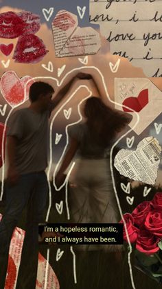 a man and woman standing next to each other in front of a collage of paper hearts