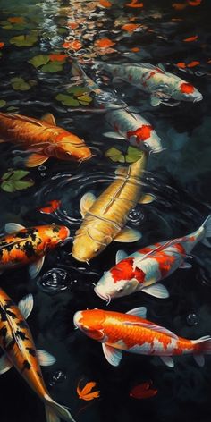 a painting of many colorful koi fish in the water