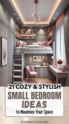 a small bedroom with bunk beds and desks in the corner is featured on this page