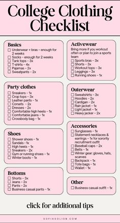 the college clothing checklist is shown in pink