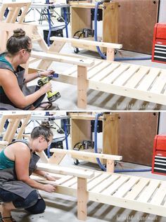 two pictures of a woman working on some wood