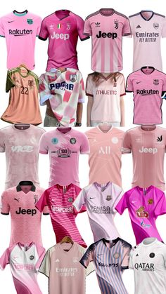 many different soccer jerseys are shown in pink and white, with the names of each team