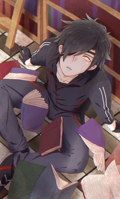 an anime character is sitting on the floor with books in his hands and looking down