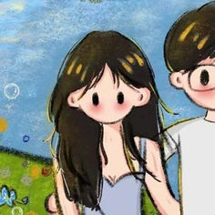 a boy and girl standing next to each other in front of a blue sky with bubbles