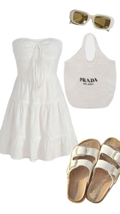 a white dress and sandals with sunglasses on the top, one in gold sandal