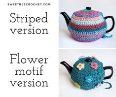 two pictures of a crocheted teapot with flowers on it