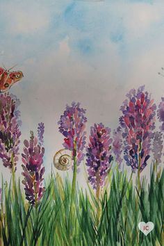 a painting of purple flowers and a butterfly in the sky