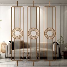 a room divider in the middle of a living room with three circles on it