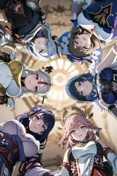 an image of some anime characters in the middle of a circle with their heads together