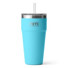 a pink yeti cup with a straw sticking out of it's lid and the word yeti on the side