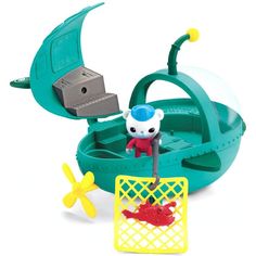 a toy boat with a small figure in it