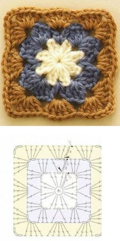 crocheted square with an image of a flower in the middle and another photo of a