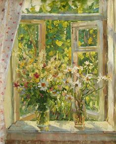 a painting of flowers in vases on a window sill