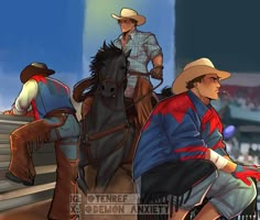 two men in cowboy hats are riding horses