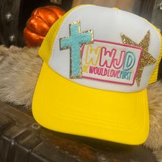 wwjd custom patch hat Trucker Hat Ideas, Custom Baseball Hats, Hat Bar, Patch Hats, Custom Patch, Custom Trucker Hats, Car Themes, Hat Patches, Teacher Outfit