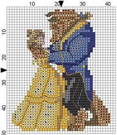 the cross stitch pattern shows an image of a bear and a woman holding each other's hands