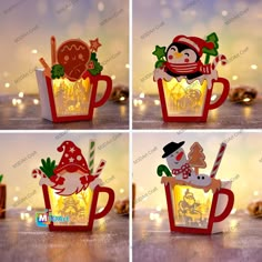 four different pictures of christmas decorations in mugs with snowman and santa clause on top