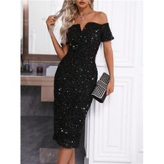 Step Into The Spotlight With Our Black Bodycon Dress, Designed To Make Every Evening Unforgettable. This Striking Midi Dress Features A Classic Black Hue And A Flattering Bodycon Silhouette That Accentuates Your Curves With Elegance. Crafted From Sequins With A Slight Stretch, It Ensures Both Comfort And A Dazzling Shimmer. The Off-The-Shoulder Neckline And Short Sleeves Provide A Sophisticated Look, While The High Waist And Pencil Hem Shape Beautifully Enhance Your Figure. A Playful Split Detai Glamorous Midi Bodycon Dress For Dinner, Glamorous Midi Length Bodycon Dress For Dinner, Glamorous Midi-length Bodycon Dress For Dinner, Glamorous Bodycon Midi Dress For Dinner, Glamorous Evening Bodycon Sheath Dress, Glamorous Sheath Midi Dress For Party, Glamorous Knee-length Bodycon Evening Dress, Glamorous Knee-length Bodycon Dress For Evening, Sequin Sheath Bodycon Dress For Date Night