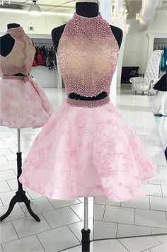 Prom Dresses,Pink two pieces beads lace short prom Prom Dresses Halter, Burgundy Homecoming Dress, Applique Skirt, High Neck Prom Dress, Burgundy Homecoming Dresses, Short Graduation Dresses, Halter Prom Dresses, Pink Two Piece